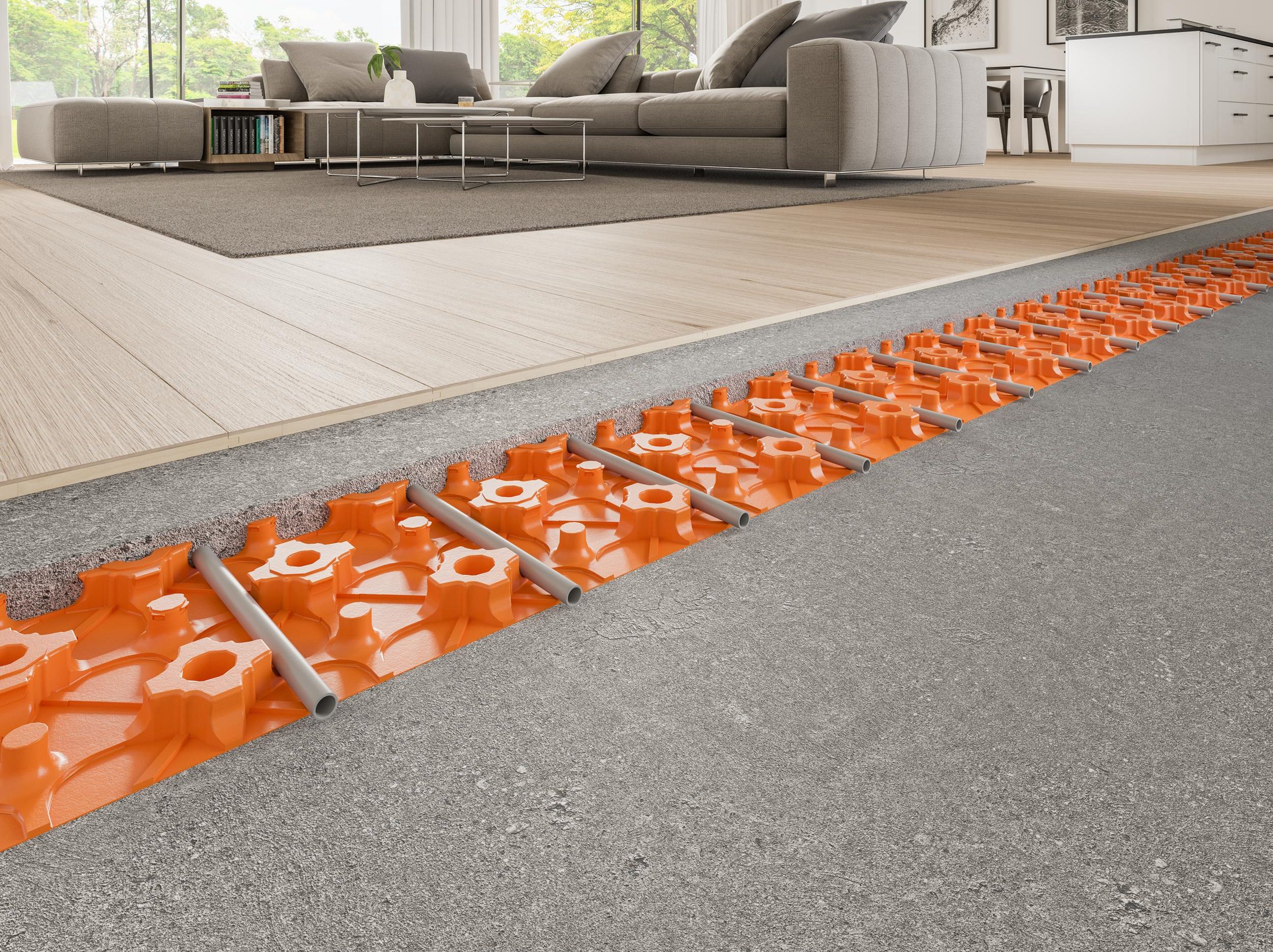 Hausbau mit Innenausbau der Fußbodenheizung und Estrich